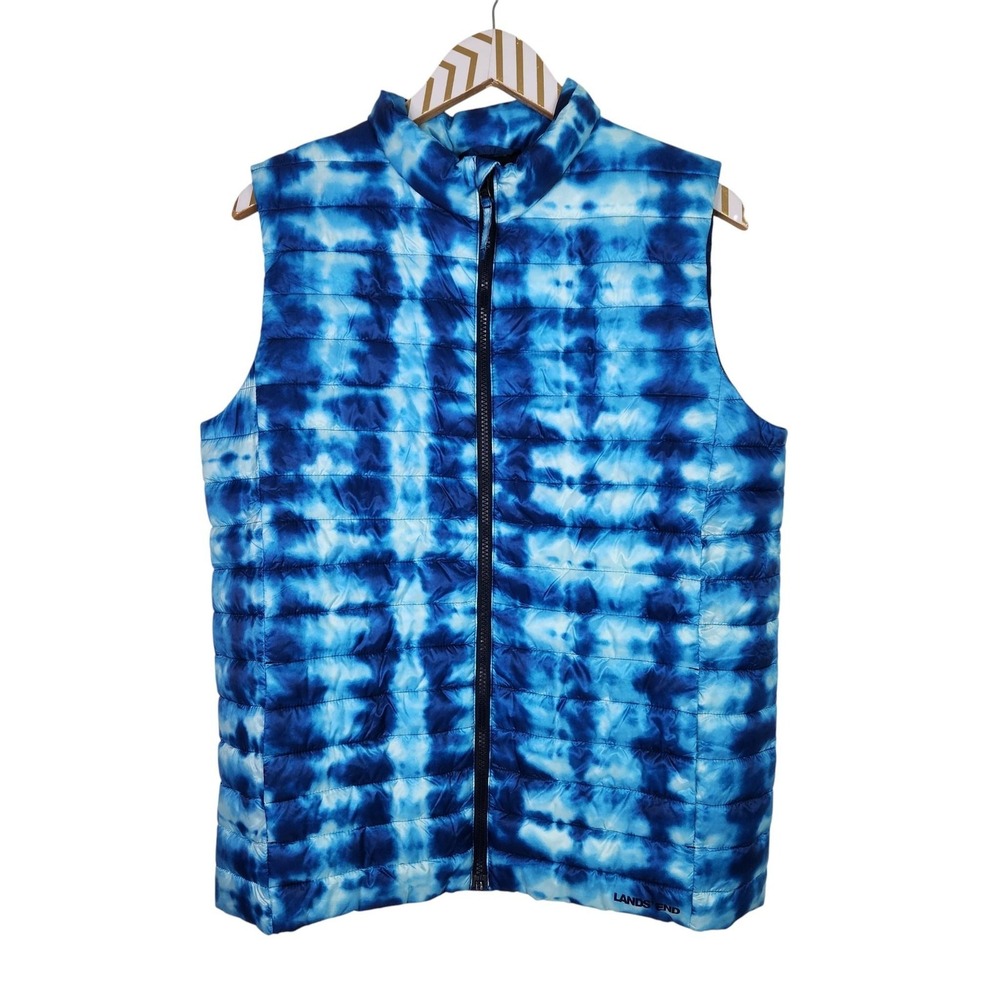 LANDS' END Vest Youth 2XL Blue Tie Dye Quilted Puffer Primaloft Insulated Zip